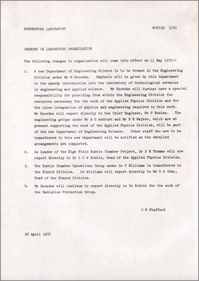 RLN 3/70: Changes in Laboratory Organization (22 April 1970)